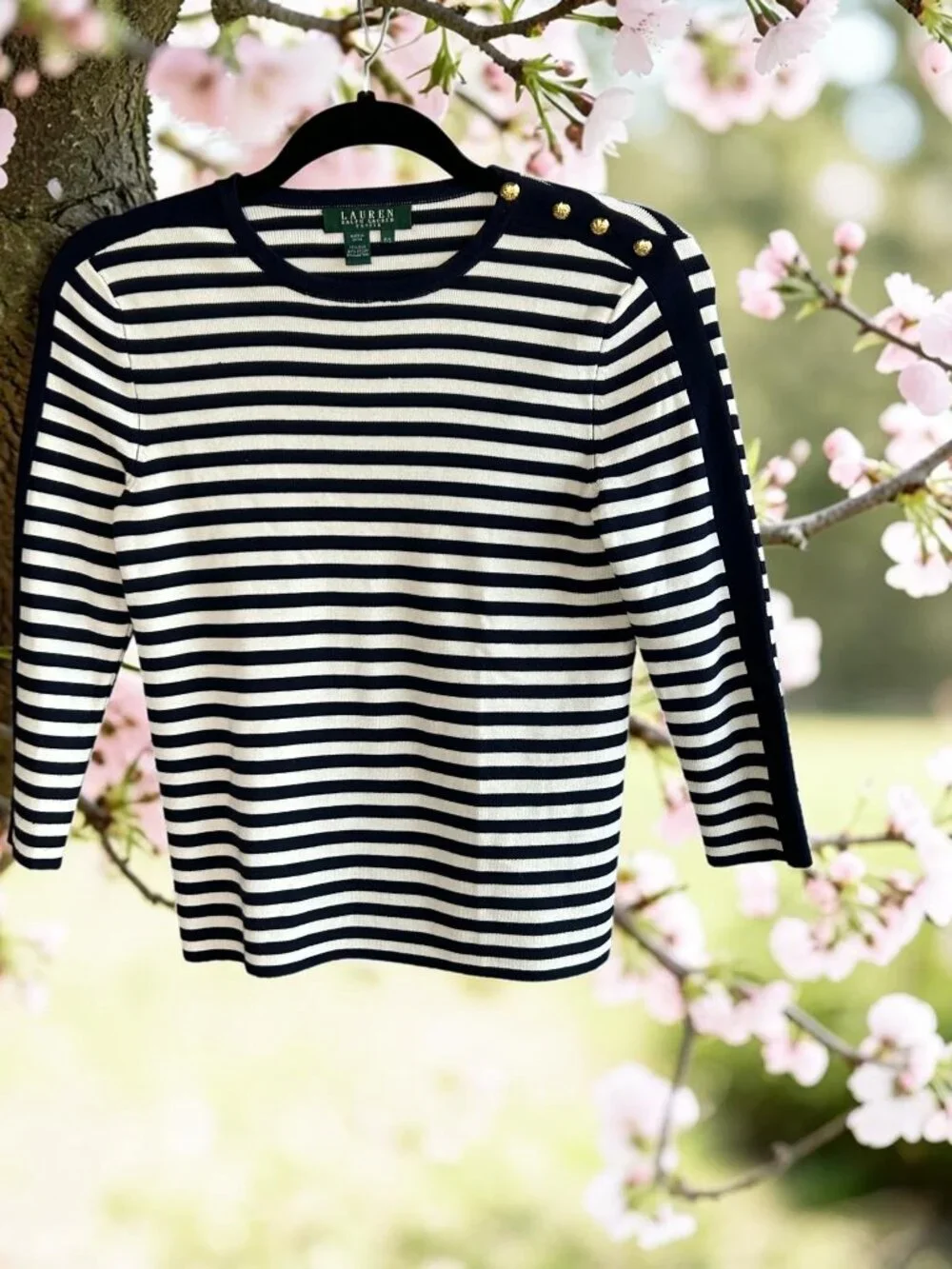 Lauren Ralph Lauren Navy Blue White Nautical Stripe Silk Blend Sweater Small P